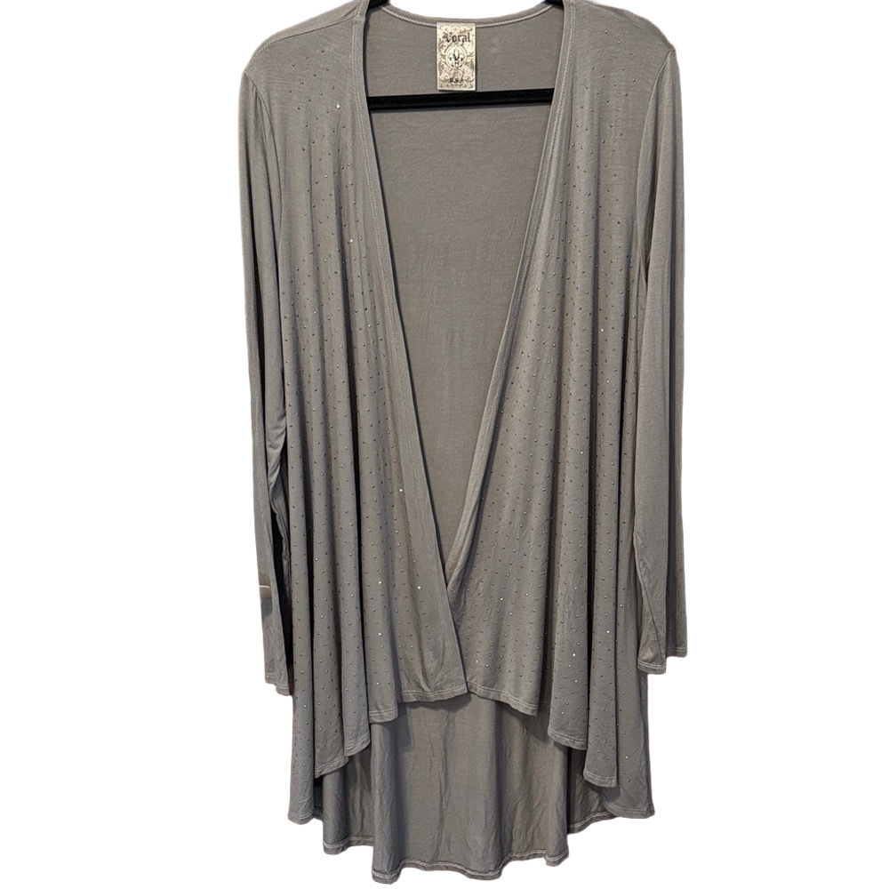 Vocal Gray Open Front Cardigan Embellished with Rhinestones Studs